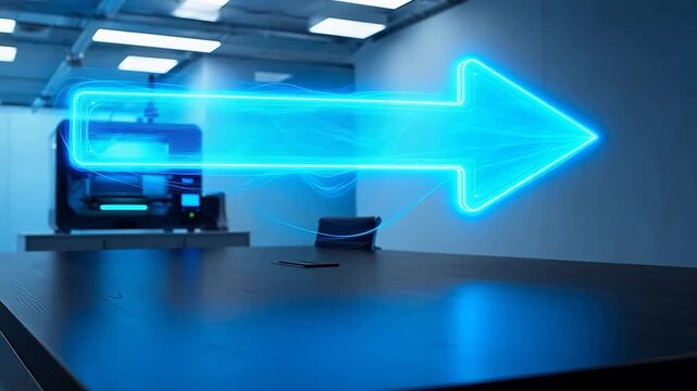Glowing Holographic Navigation Arrow Points to 3D Printer