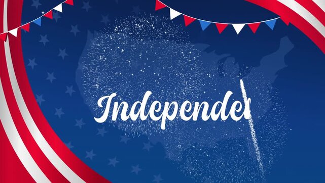 Independence day festive banner features fireworks over a vibrant us map. Perfect for patriotic celebrations or americanthemed events.