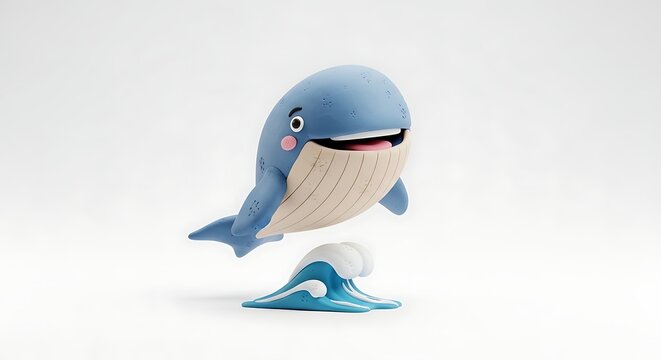 Charming 3d render of a cartoon blue whale with a smiling expression and wave base