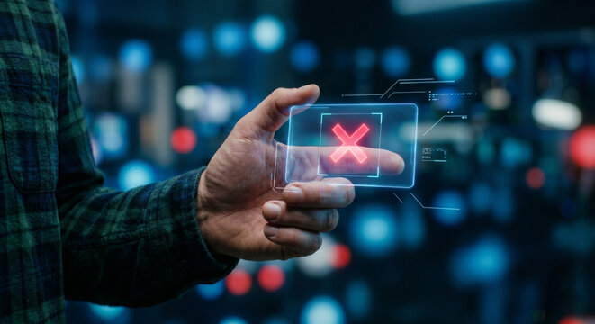 Hand pressing glowing red X mark on futuristic holographic screen, representing access denied or system error.