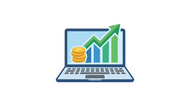 Flat design laptop with growing graph on screen and coins on keyboard, symbolizing financial growth and success in business and investment