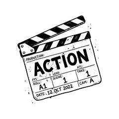 Naklejka premium Vintage Movie Clapperboard Vector Sketch With Action Text And Ink Splatters