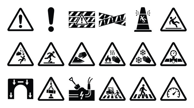 Safety warning signs and hazard symbols representing various industrial workplace dangers