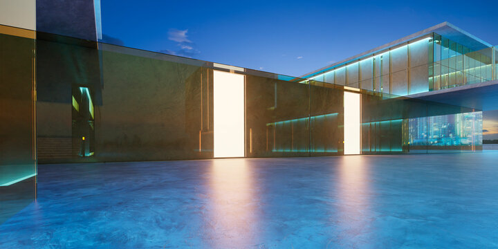 3d rendering modern architecture building with glass and cement walls at night