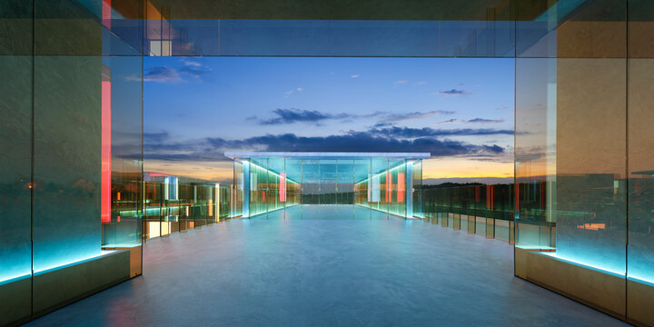 3d rendering modern architecture glass building exterior at sunset