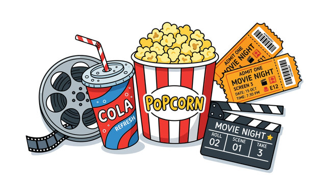 Movie night elements with popcorn bucket and cola