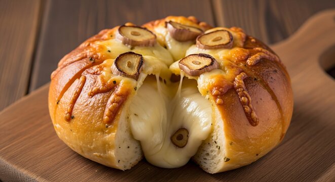 Freshly baked cheesy garlic bread roll with a golden, bubbly crust, cut open to reveal melted mozzarella and roasted garlic. The bread has a soft and savory texture inside, placed on a rustic wooden c