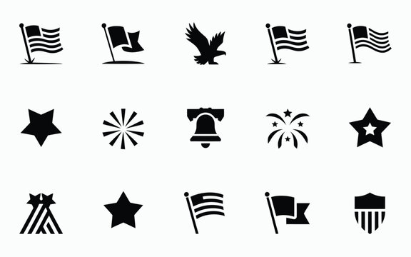 Minimalist set of 15 patriotic symbols including flags eagle stars fireworks and liberty bell in bold black design