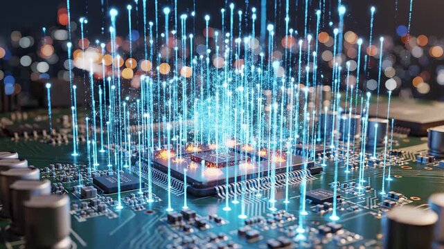 Circuit board with glowing blue energy perfect for IT presentations and tech marketing