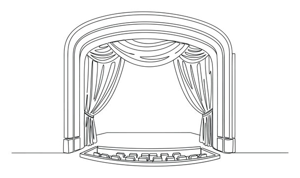 Elegant theater stage with arched proscenium and drawn curtains for event design project