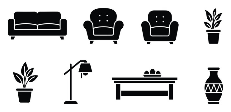 Home furniture and decor items icons for interior design concepts or house furnishing applications
