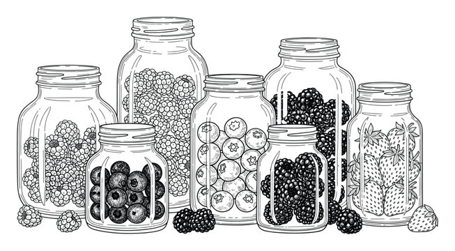 Hand drawn assorted berries in canning jars ideal for food product labeling and kitchen themed graphic design