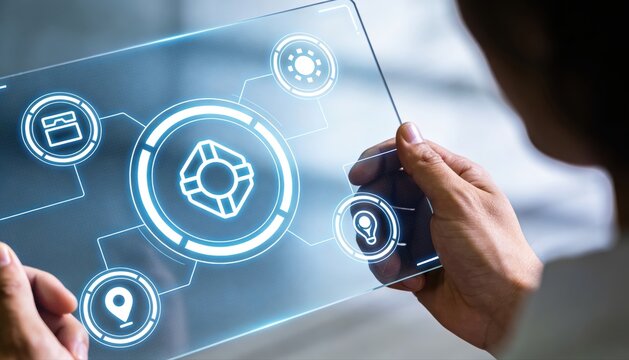 Navigating Digital Frontiers: A person manipulates a holographic interface, showcasing the seamless fusion of human interaction with advanced technology. This represents innovation and futurism.