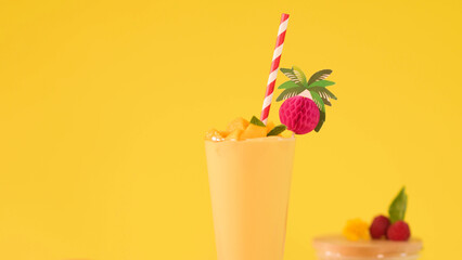 Tropical Mango Smoothie with Fruit Garnish and Striped Straw on Yellow © blueringmedia
