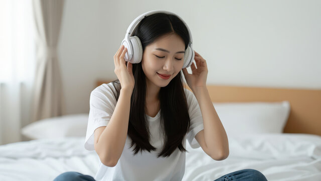 Serene Sounds: A young woman immersed in her music, basking in the tranquil joy of listening to her favorite tunes. 