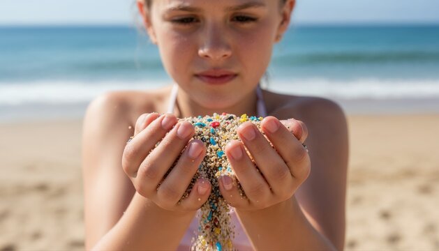 Child Holding Sand on the Beach: A close-up view captures a young child's hands cradling colorful grains of sand as they gently sift through their fingers on a sun-kissed beach.
