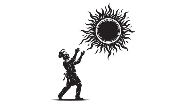 Chef reaching for a stylized sun, a monochrome vector illustration. Culinary inspiration, a cooking concept, and a food industry graphic resource.