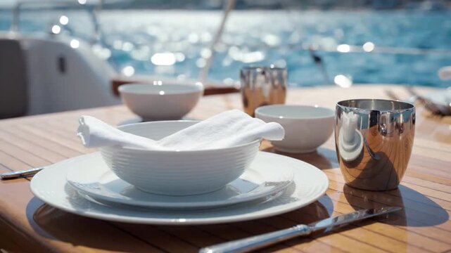White dinnerware napkin bowl plate cup teak table cutlery sea yacht reflection. white ceramic plate and bowl with cloth napkin teak table aboard yacht, reflective metal cup catching sunlight over