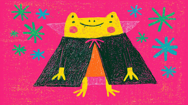 Frog Super Hero: An adorable frog dons a cape, a symbol of playful courage against a whimsical backdrop of stars, ready to take on any adventure with a smile.