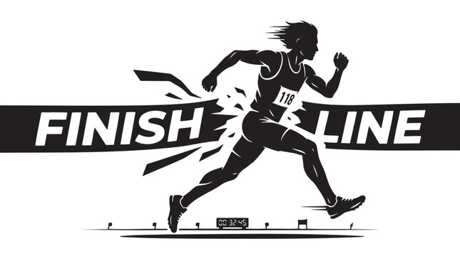 Dynamic finish line vector illustration, a powerful black and white silhouette of a female runner breaking the tape, symbolizing achievement and success in sports and competition
