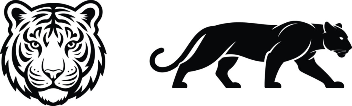 Fierce tiger head mascot black panther silhouette wild cat icon set vector illustration