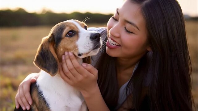 close up shot of a happy woman hugging and kissing her dog