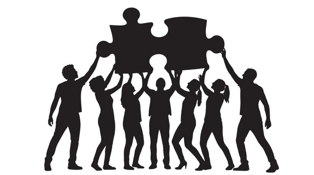 Teamwork puzzle vector illustration, collaborative business solution concept. Group of diverse people working together, connecting jigsaw pieces, unity and partnership graphic.
