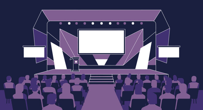 Captivating stage presentation with a central projection screen prepared for a conference or seminar event before an attentive audience gathered in rows awaiting the speaker s address on a