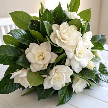 White gardenia flower with green leaves