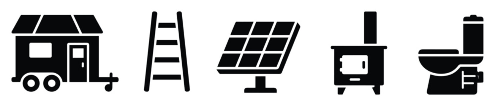 Offgrid living icons tiny house, solar panel, wood stove, and toilet for designs