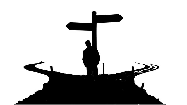 Silhouette of a person standing at a crossroads, a symbolic decision point with two diverging paths. A black and white graphic illustration representing choice, dilemma, and future direction.