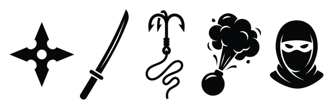 Classic ninja weapon and stealth gear set featuring shuriken katana smoke bomb grappling hook and masked warrior for game interface and adventure themes