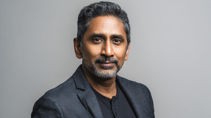 Obraz premium A professional man presents confidence and poise, dressed in a smart jacket against a neutral backdrop, ideal for corporate imagery.
