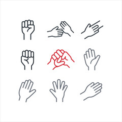 Obraz premium Hand gestures and fist collection vector set, multi-ethnic hands showing peace, unity, and strength signs, flat line art illustration isolated on white background.