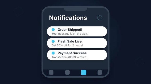 Mobile App Notifications Displaying Order Shipped Flash Sale and Payment Success Messages.