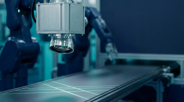 Advanced industrial robotic arm with machine vision camera inspecting objects on a conveyor belt using laser scanning technology in a modern factory