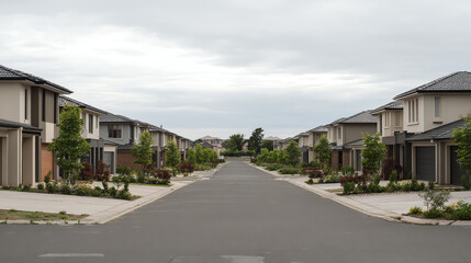 Obraz premium A serene neighborhood street featuring modern homes lined with greenery under a cloudy sky, perfect for showcasing community living.