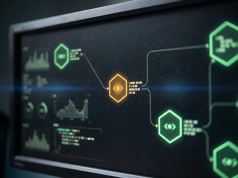 Digital dashboard on a computer screen displaying a complex data flow with charts and interconnected hexagonal icons