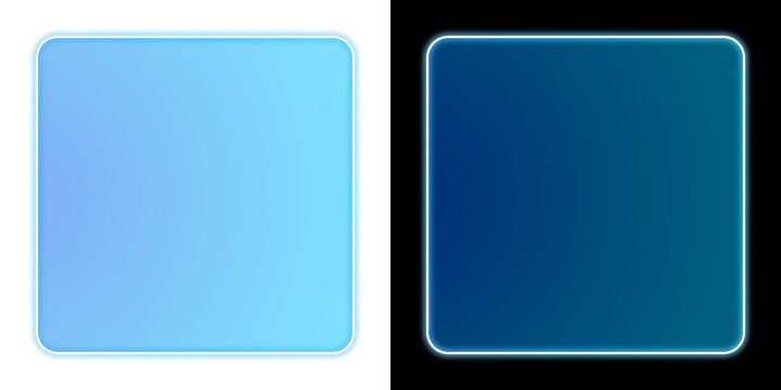 Glowing blue neon rounded square button frame on black background, isolated UI element for design