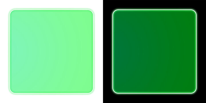 Glowing green neon rounded square button frame on black background, isolated UI element for design
