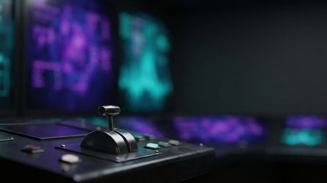 Close-up of a metallic control lever on a high-tech dashboard in a futuristic spaceship cockpit with glowing neon digital screens and data interfaces.