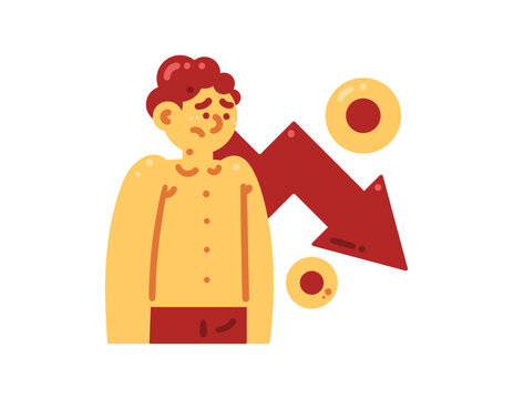 Illustration of a sad man experiencing a decrease in income. Downward arrow graph. Declining business profits and sales. Financial or economic crisis. Character, gesture, and problem. Metaphor, flat 