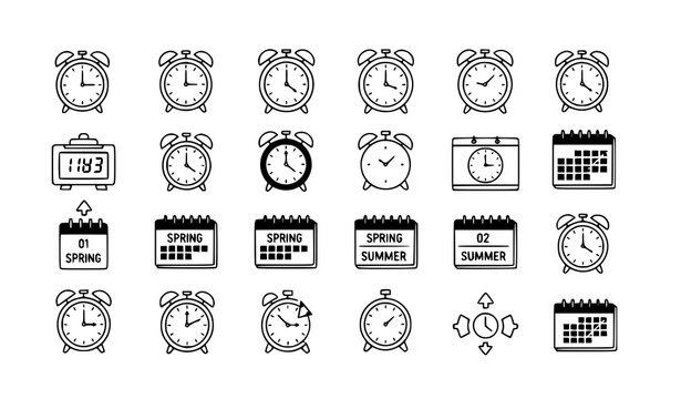 Spring forward time management icons vector set with alarm clocks and calendar schedule concept isolated on white background