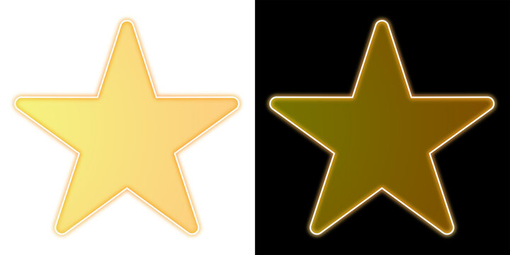 Glowing yellow neon five point star icon on black background, isolated favorite rating symbol