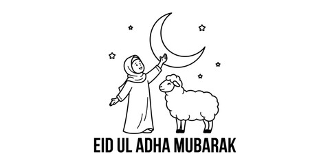 Fototapeta premium Muslim girl reaching for crescent moon with sheep and stars Eid ul Adha hijab in white background