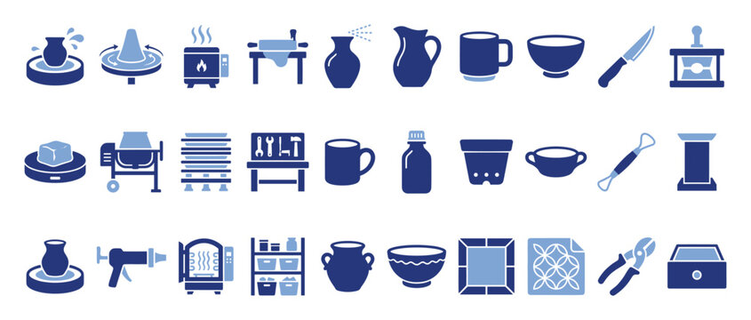 Ceramic art creation stages and workshop equipment vector symbols for craft tutorials and studio branding needs