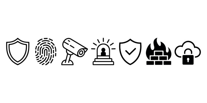 Security shield fingerprint camera alarm firewall cloud lock biometric surveillance in white background