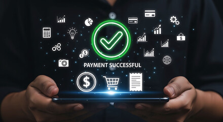 Fototapeta premium Digital payment successful concept with mobile tablet and financial icons
