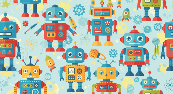 Colorful cartoon robots seamless pattern with gears and tools on light blue background