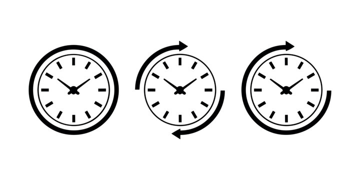 Three clocks with arrows indicating time reversal clock faces circular motion in white background